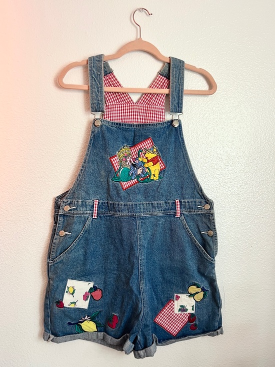 Disney Denim - Disney Blue Denim Short Overalls with Red Gingham Accents